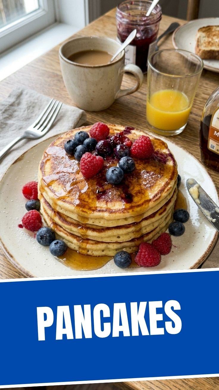A tall stack of fluffy pancakes drizzled with syrup and butter.