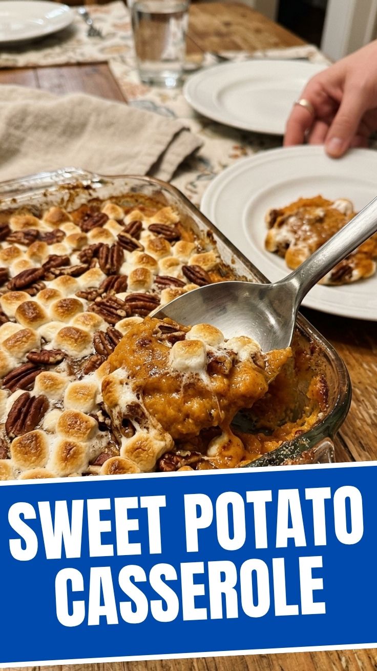 A cozy sweet potato casserole with a golden-brown toasted marshmallow topping.