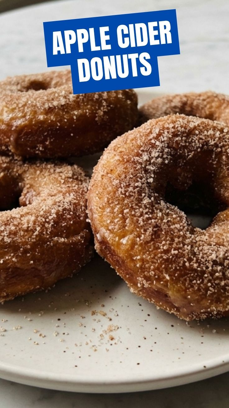 A pile of freshly baked apple cider donuts coated in cinnamon sugar.