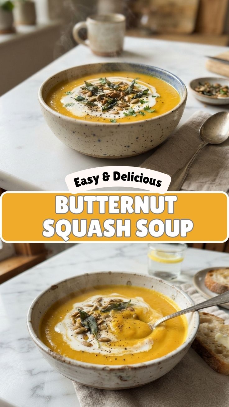 A bowl of rich orange butternut squash soup, garnished minimally.