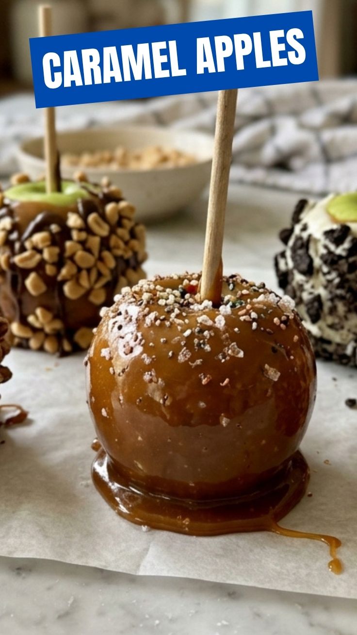 Three shiny red caramel apples on sticks with a white background