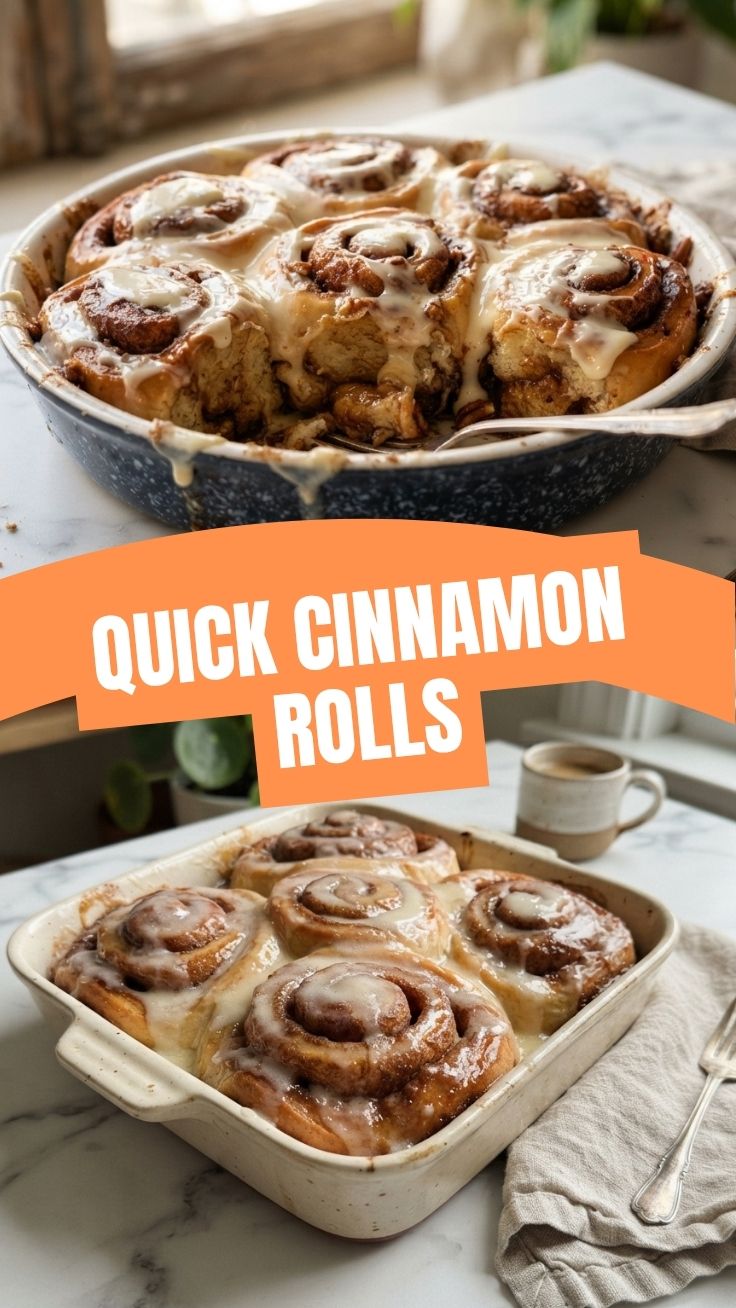 Freshly baked cinnamon rolls with white icing in a pan