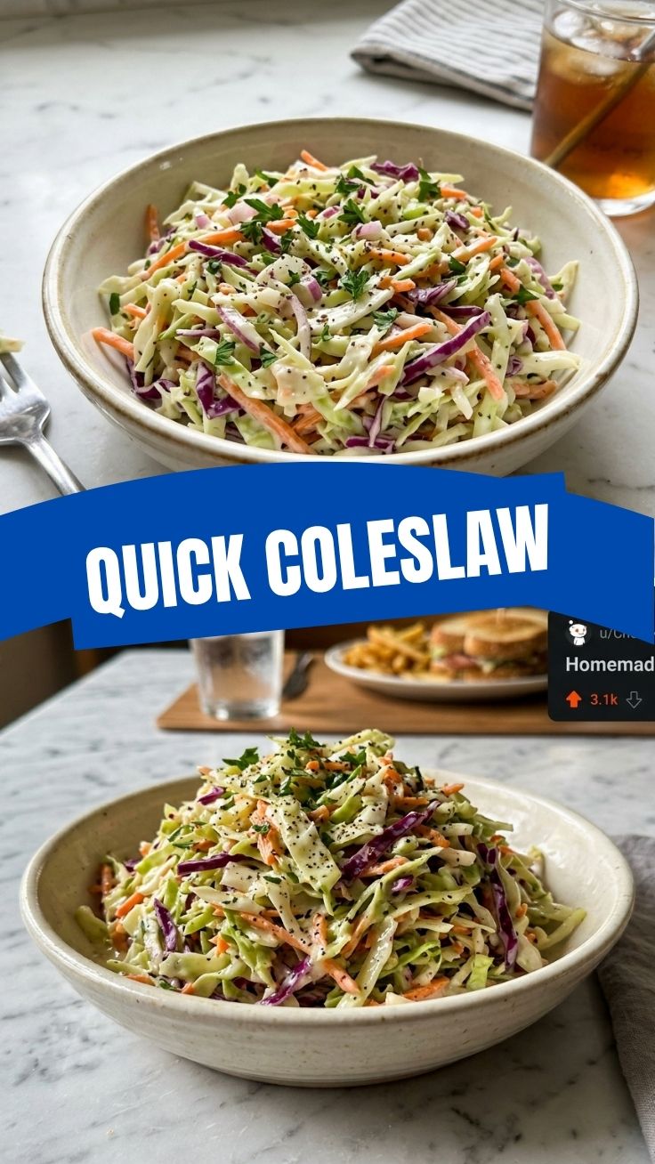 A bowl of fresh, creamy coleslaw with shredded cabbage and carrots