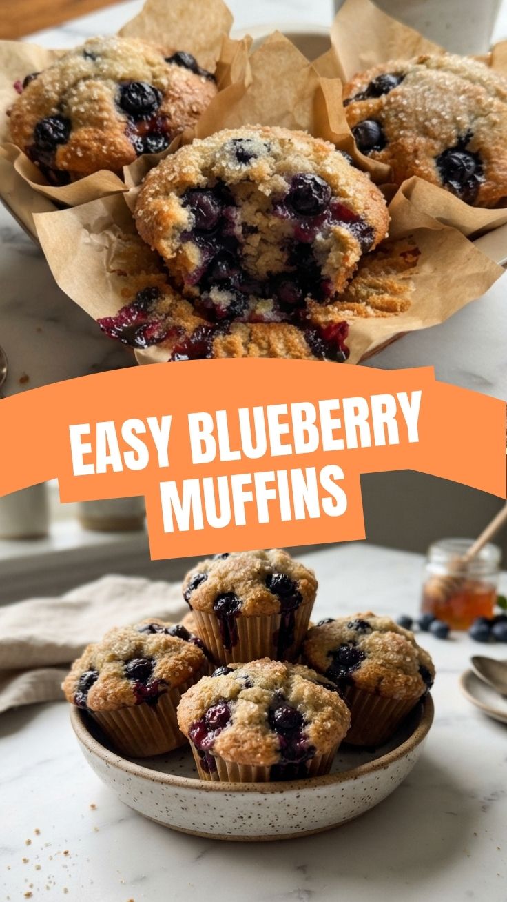 A close-up of several freshly baked blueberry muffins with golden tops, showcasing plump blueberries