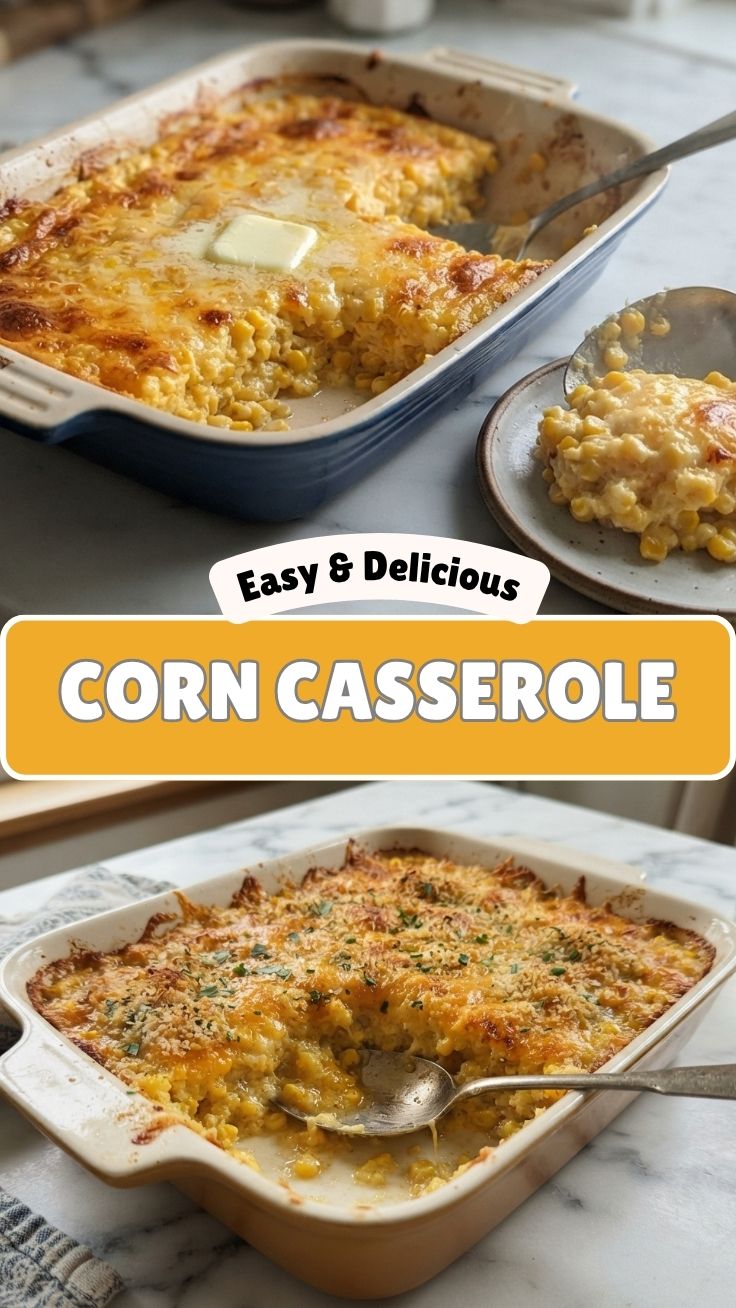 A golden-brown corn casserole in a baking dish, fresh from the oven
