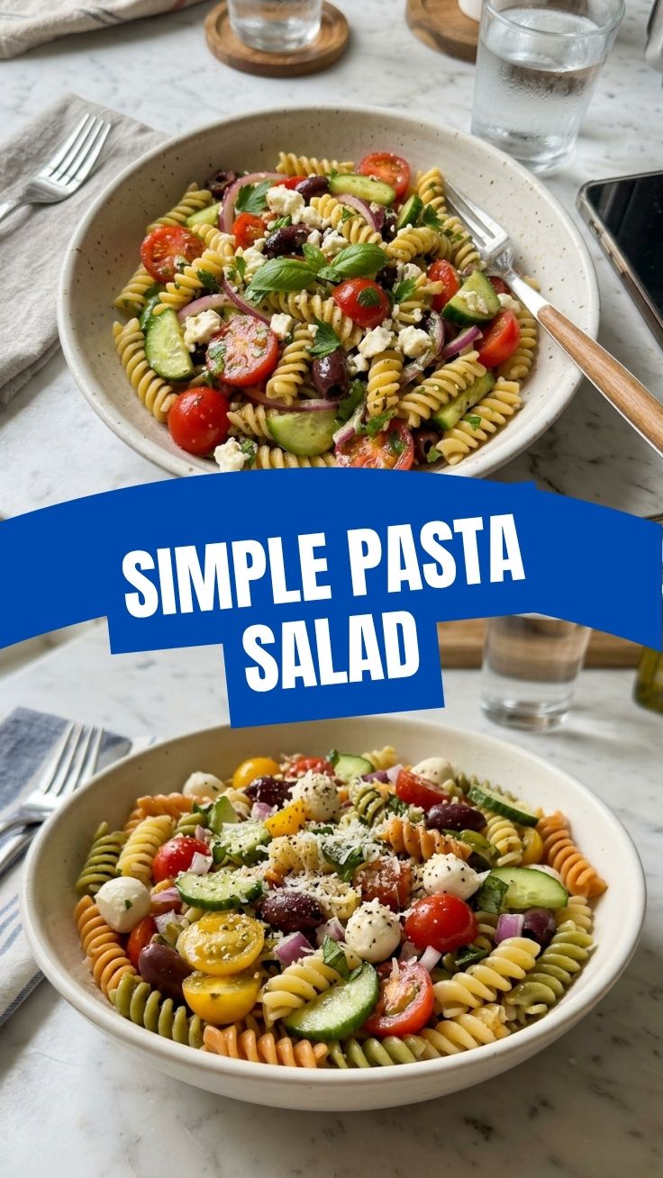 A vibrant bowl of colorful pasta salad with fresh vegetables and dressing
