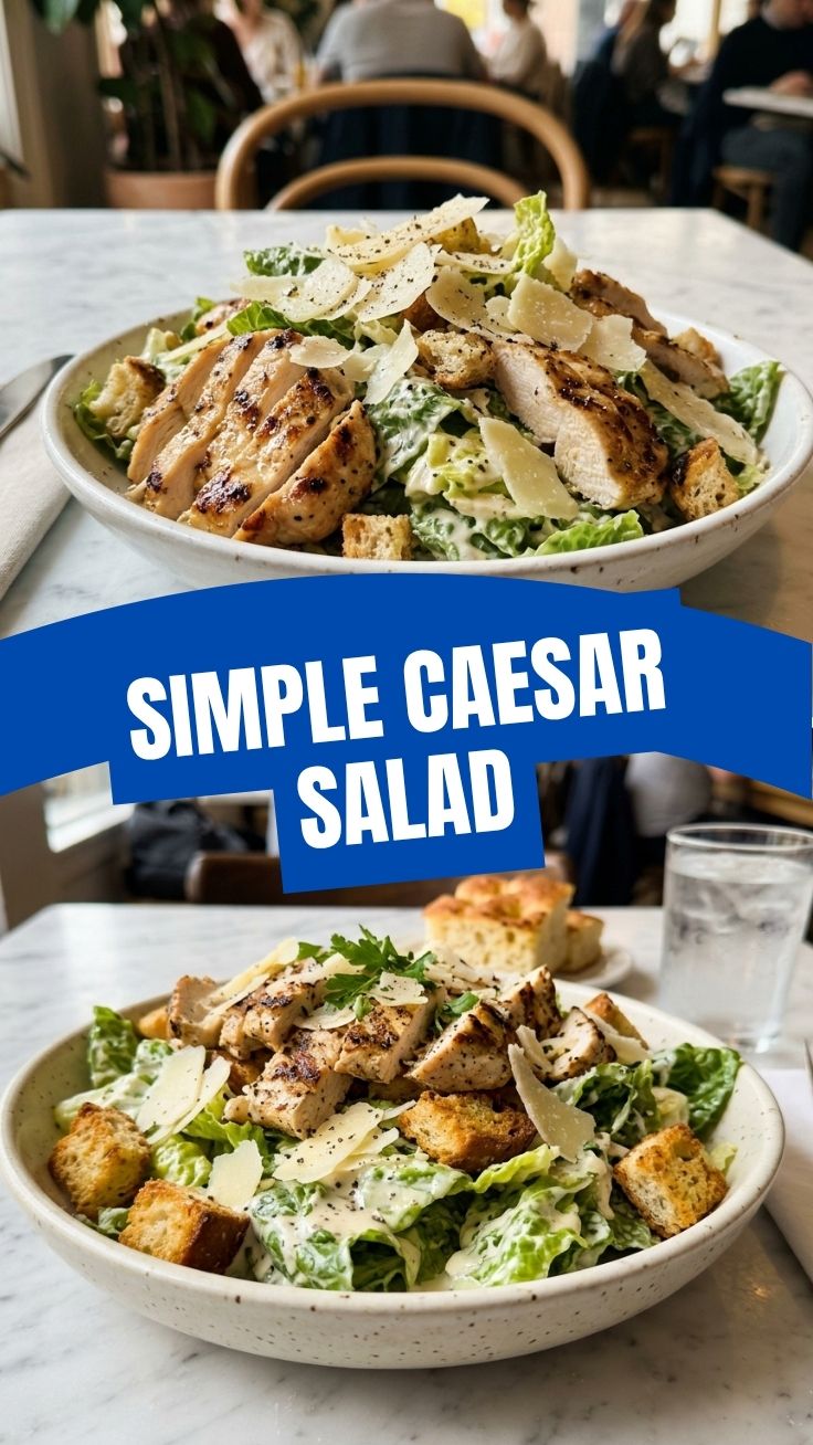 A vibrant chicken Caesar salad with crisp romaine lettuce and grilled chicken