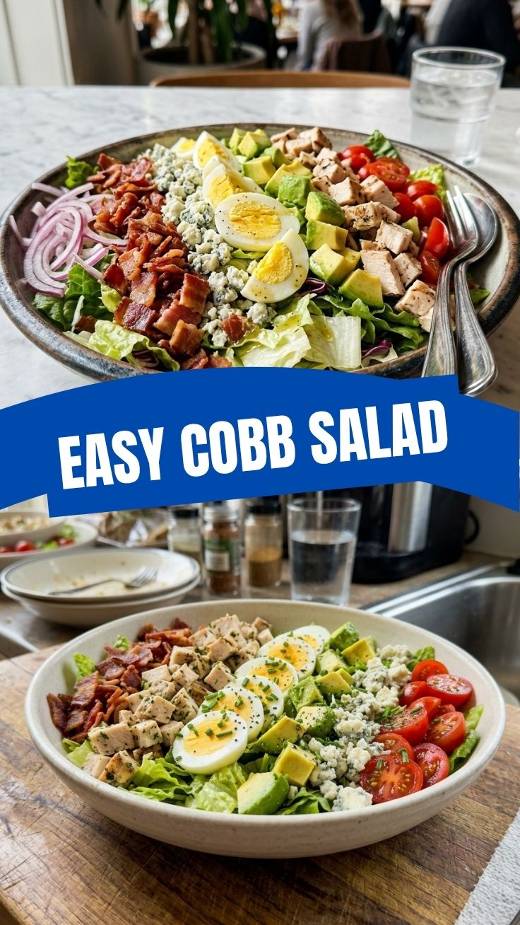 A vibrant, fresh Cobb Salad with all its classic ingredients arranged neatly.