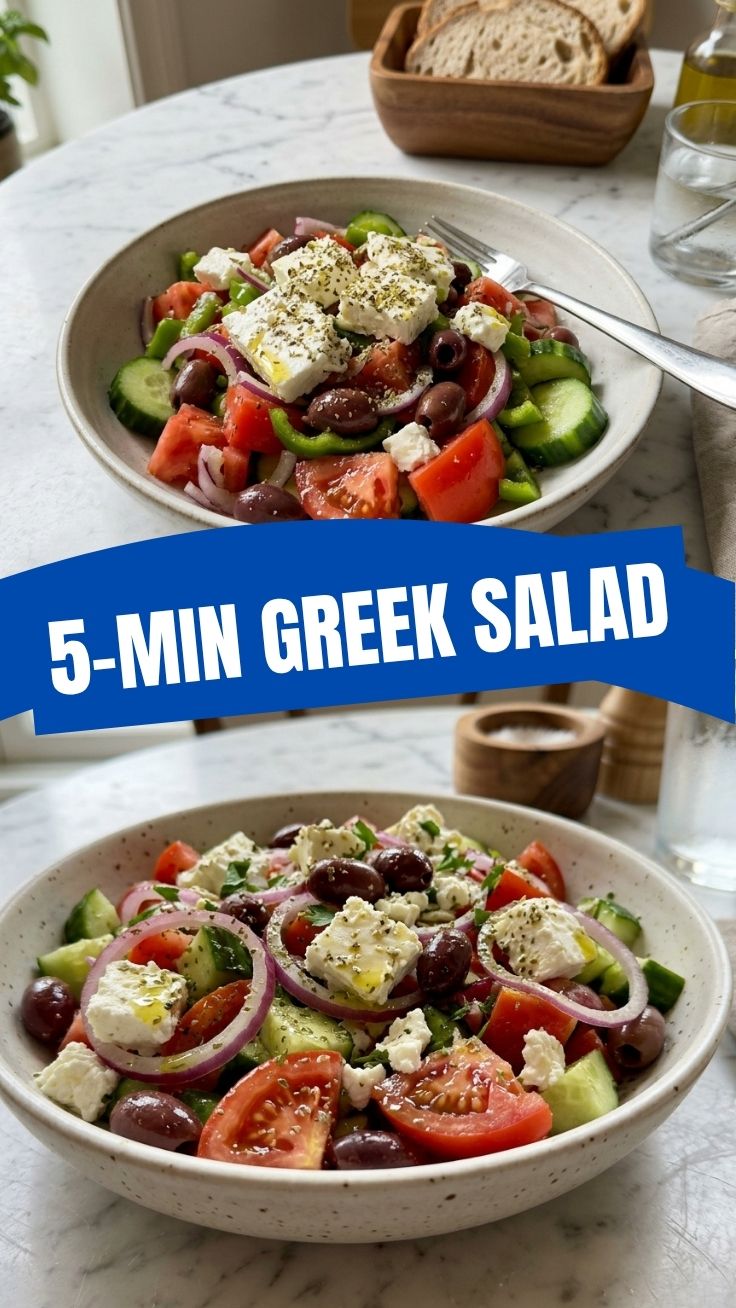 A fresh Greek salad with colorful vegetables and feta cheese