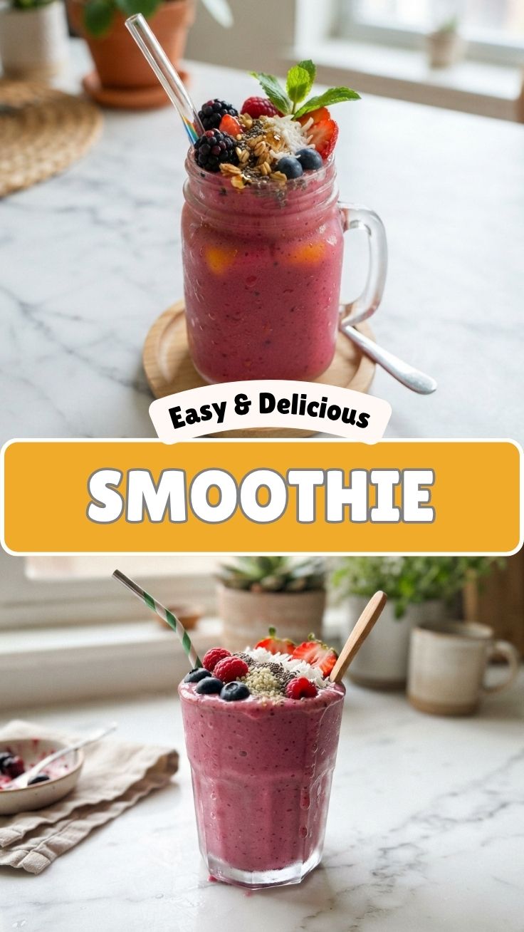 A colorful, freshly blended smoothie in a glass with a straw