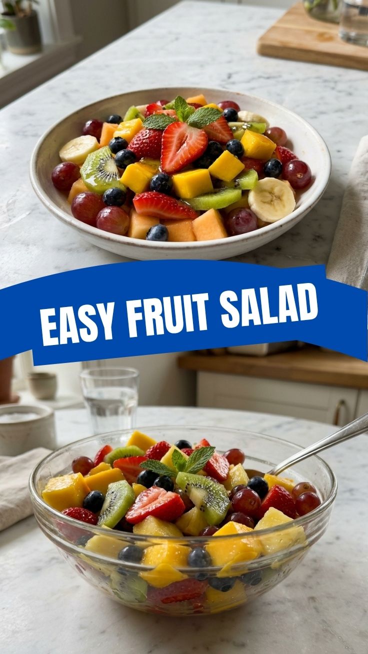 A vibrant fruit salad featuring various fresh fruits in a clear bowl