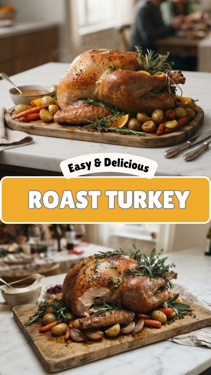 A perfectly roasted whole turkey, golden-brown and glistening.
