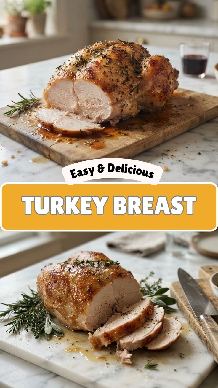 A perfectly roasted turkey breast, golden brown and carved.