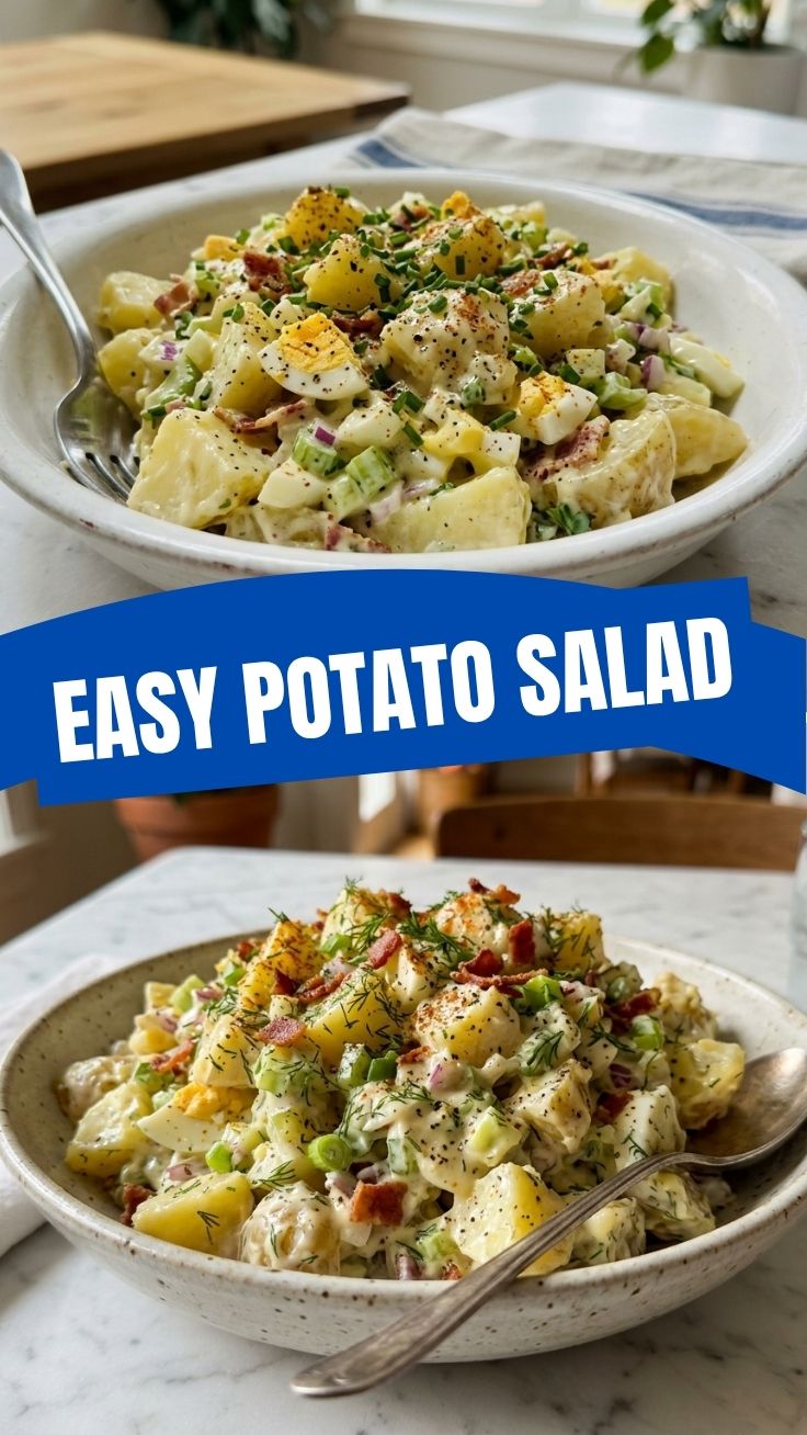 A bowl of creamy potato salad, garnished with fresh herbs.