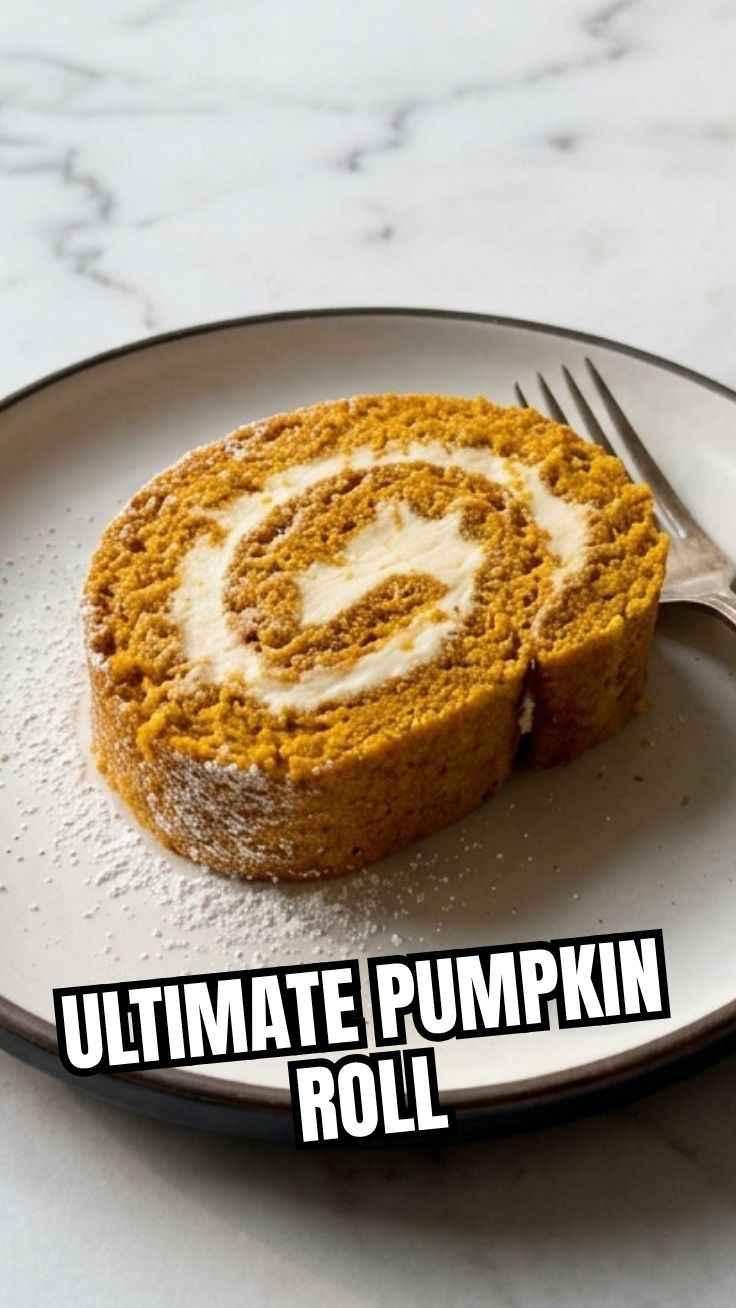 A perfectly swirled pumpkin roll with cream cheese frosting on a rustic platter.