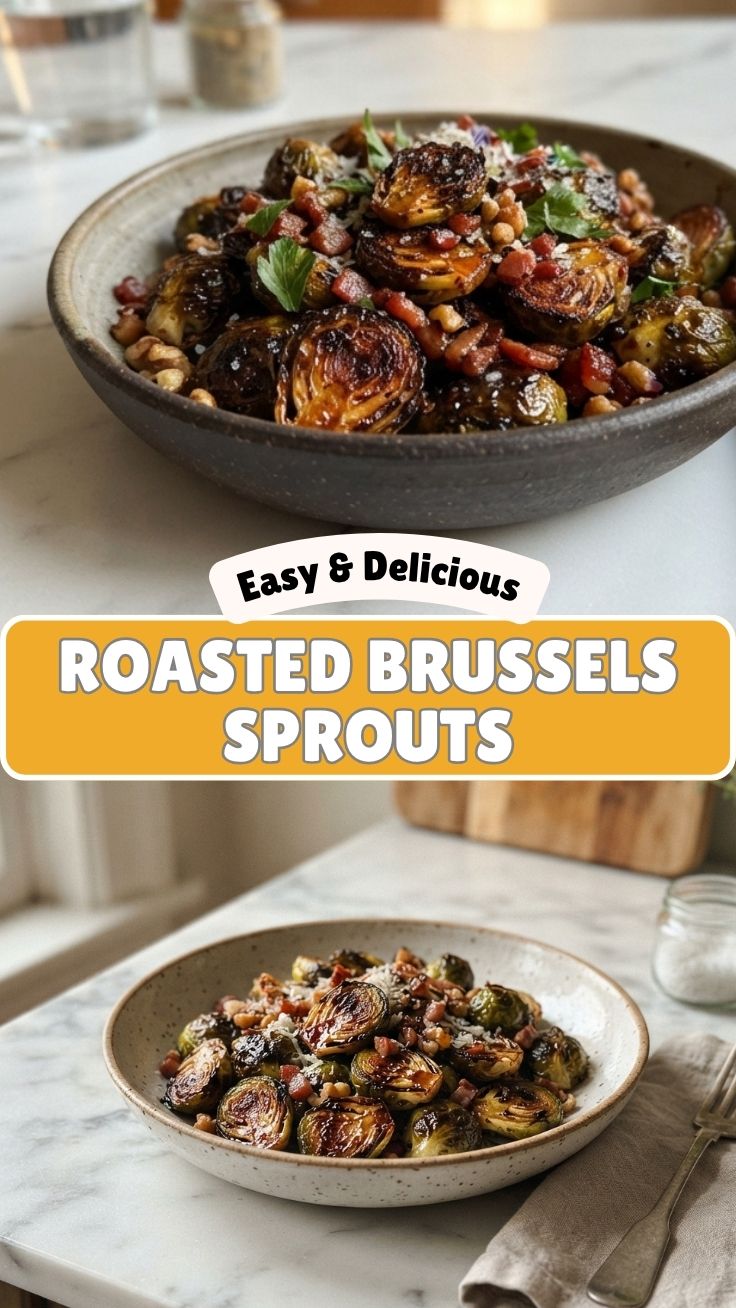 A serving of perfectly roasted Brussels sprouts with crispy edges.