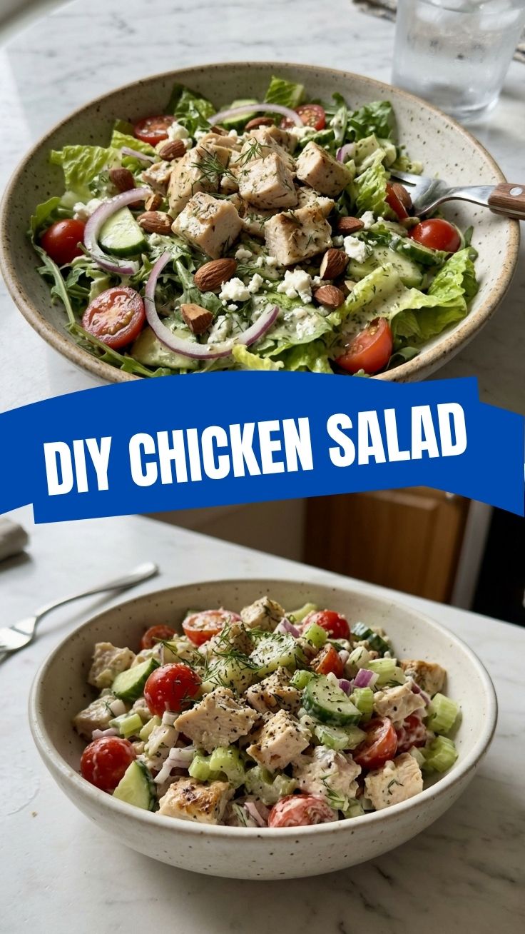 A bowl of savory chicken salad with fresh ingredients