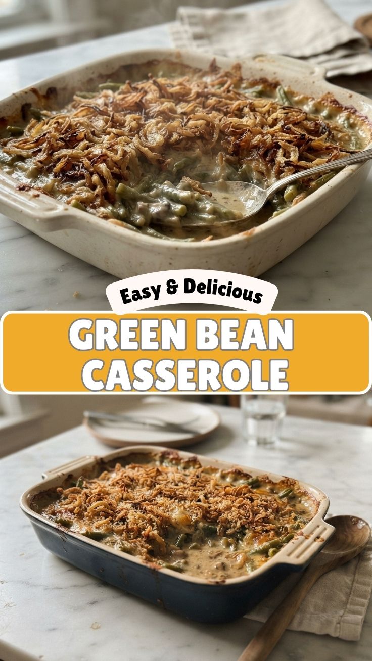 A savory green bean casserole with crispy fried onions on top.