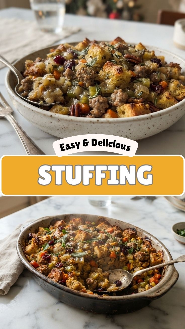 A close-up of savory homemade stuffing, rich with herbs and bread.
