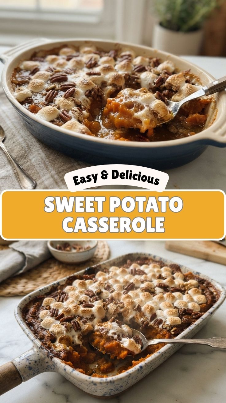 A freshly baked sweet potato casserole with a golden-brown pecan topping