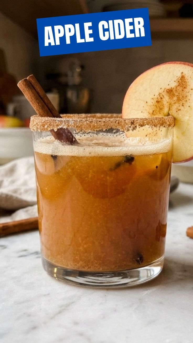 A steaming mug of golden apple cider, perfect for a crisp day.