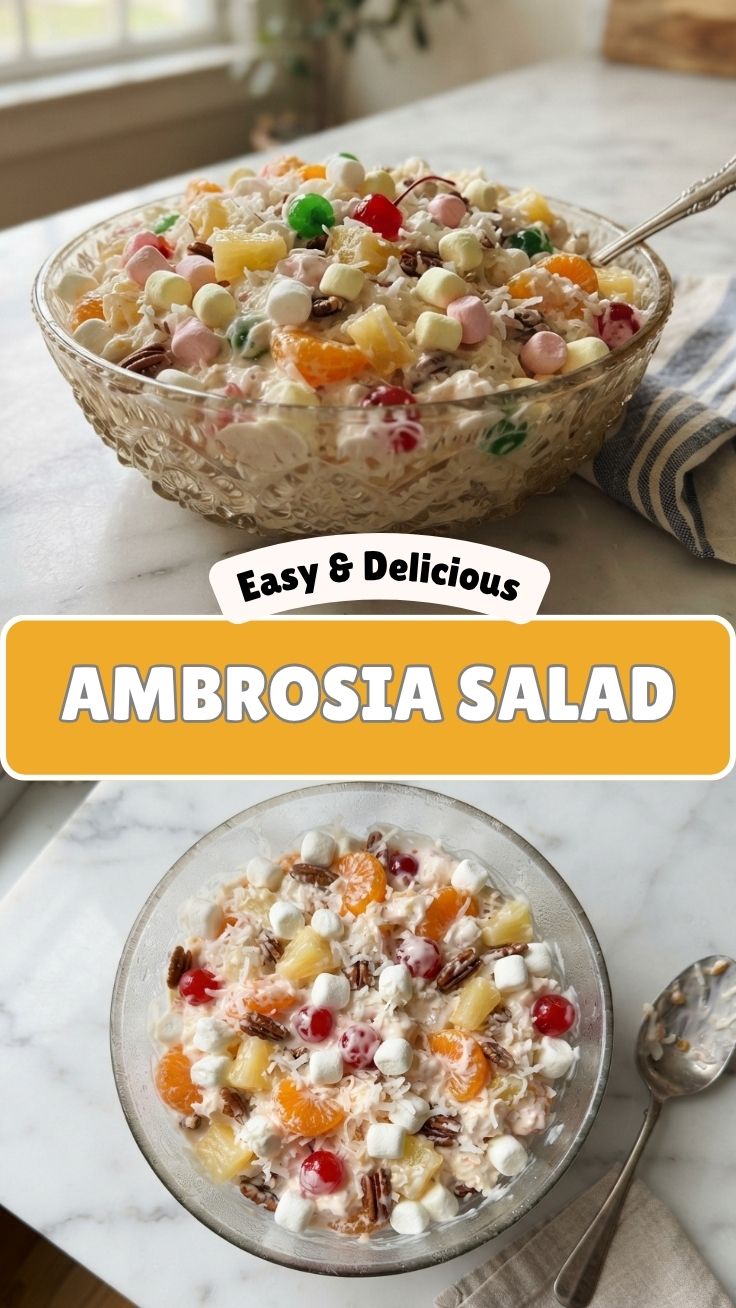 A vibrant Ambrosia salad in a clear glass bowl, showcasing its colorful ingredients.