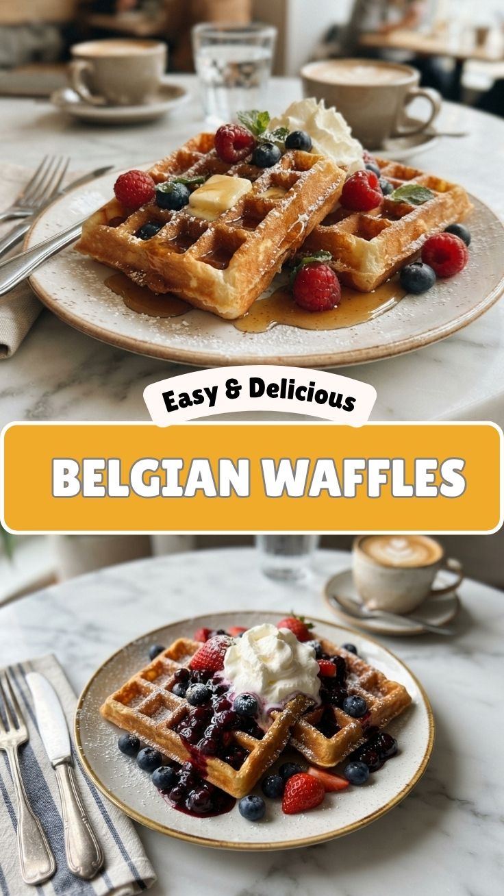 A plate of golden-brown Belgian waffles with syrup and berries.