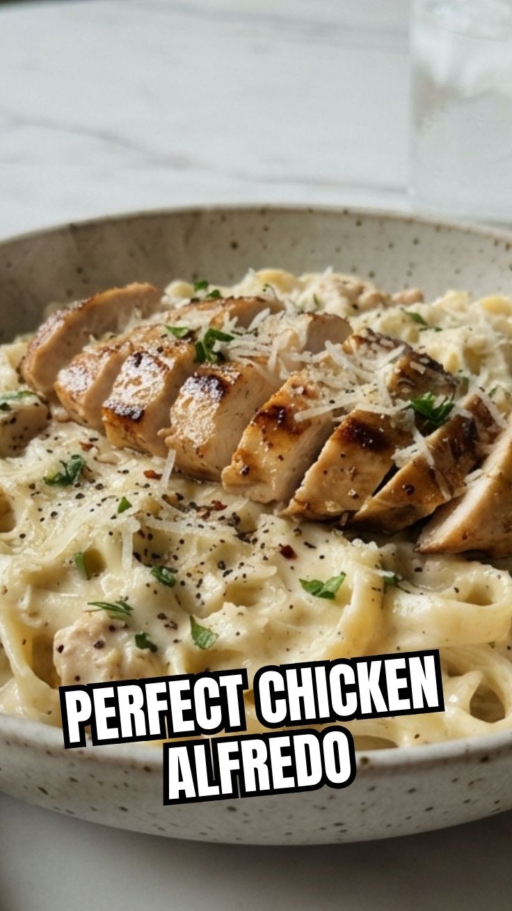 A serving of creamy chicken alfredo pasta with grilled chicken slices and parmesan cheese.