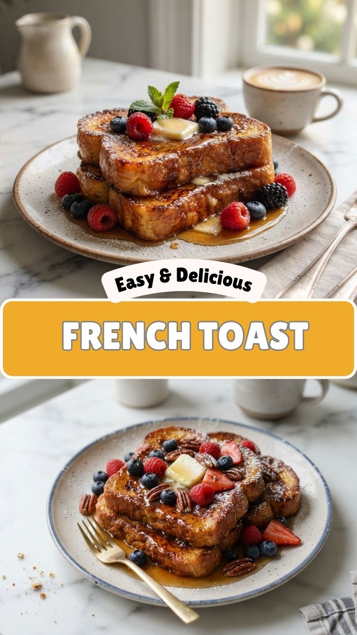 A stack of delicious French toast with syrup and berries.