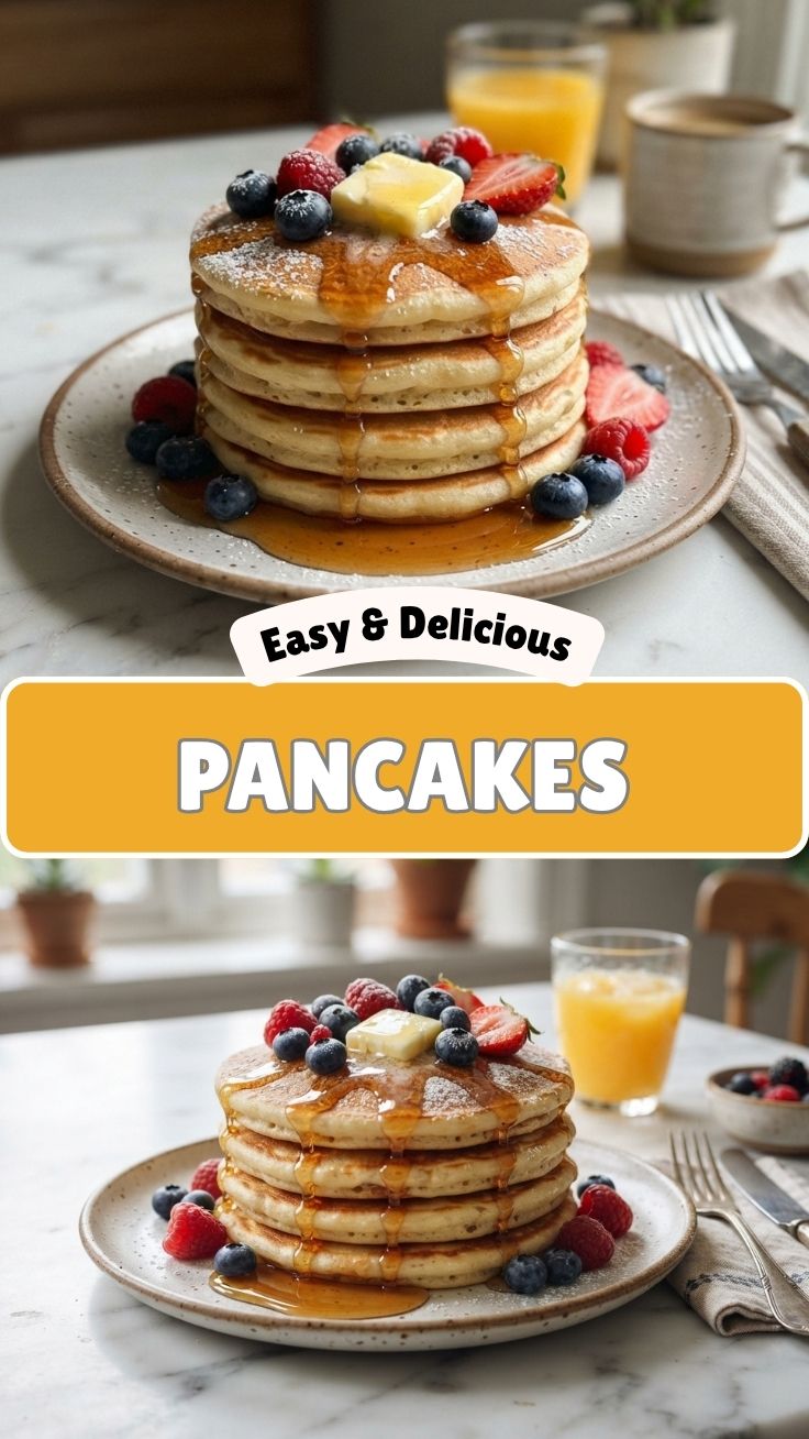 A stack of fluffy pancakes with syrup and berries on top.