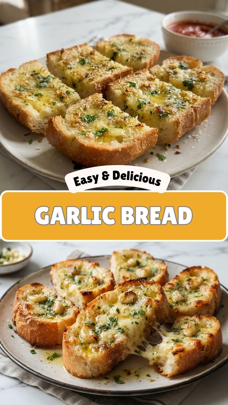 Freshly baked garlic bread, golden brown and garnished with parsley.