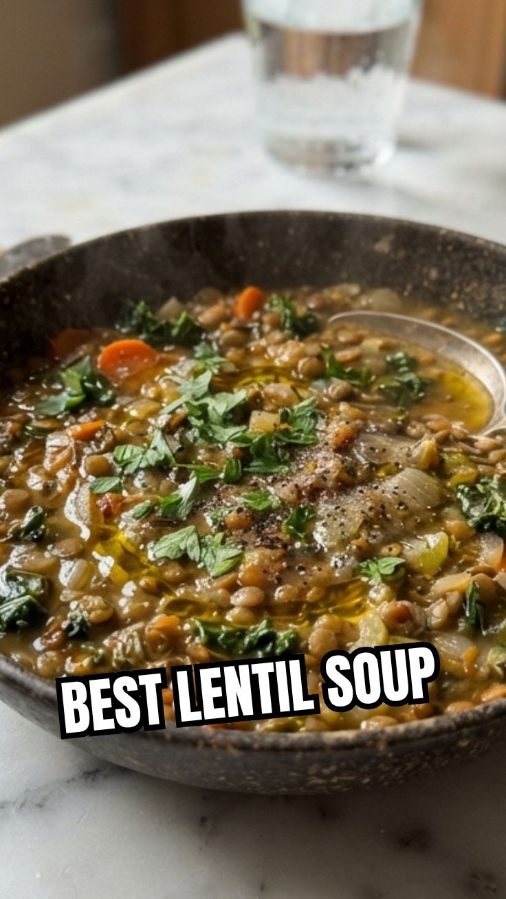 A steaming bowl of hearty lentil soup garnished with fresh herbs.