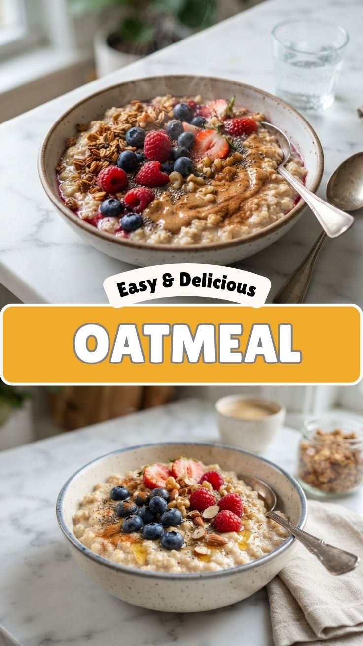 A steaming bowl of oatmeal topped with berries and nuts.