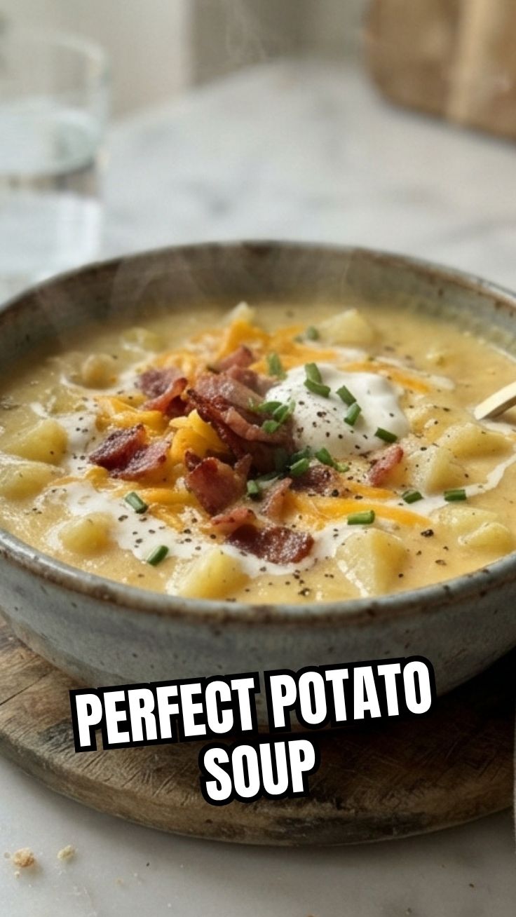 A steaming bowl of hearty potato soup, garnished with chives.