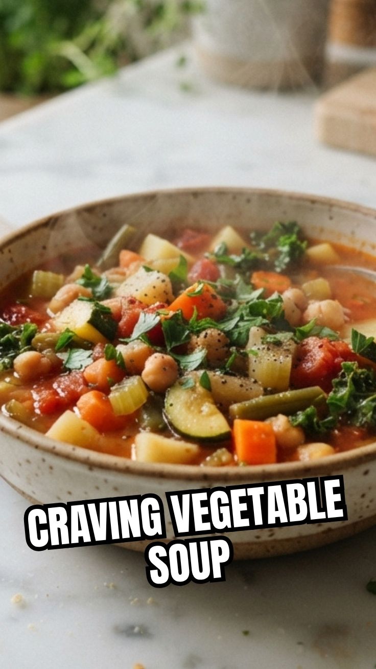 A steaming bowl of hearty vegetable soup, rich with fresh ingredients