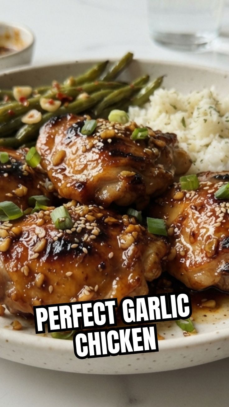Close-up of succulent honey garlic chicken glazed to perfection, garnished with herbs.