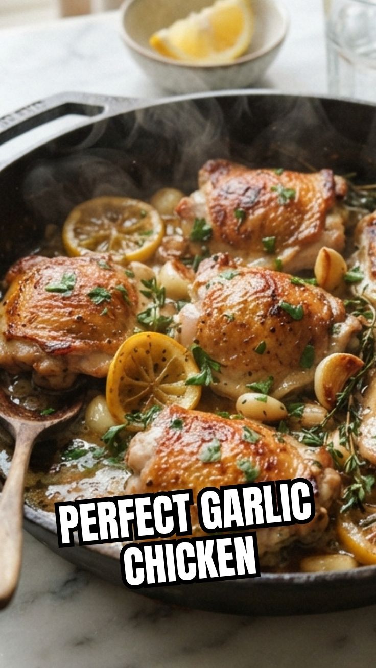 A serving of perfectly roasted lemon garlic chicken, golden-brown and glistening.