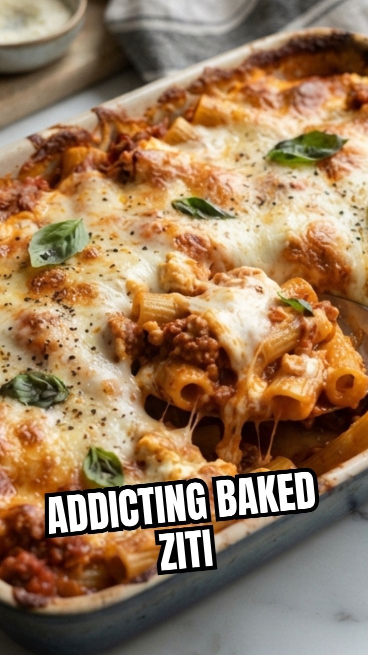 A bubbling dish of savory baked ziti, rich with sauce and cheese