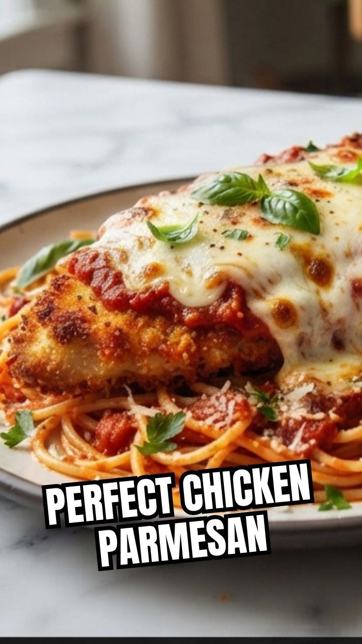 A serving of golden-brown chicken parmesan topped with melted cheese and marinara sauce.