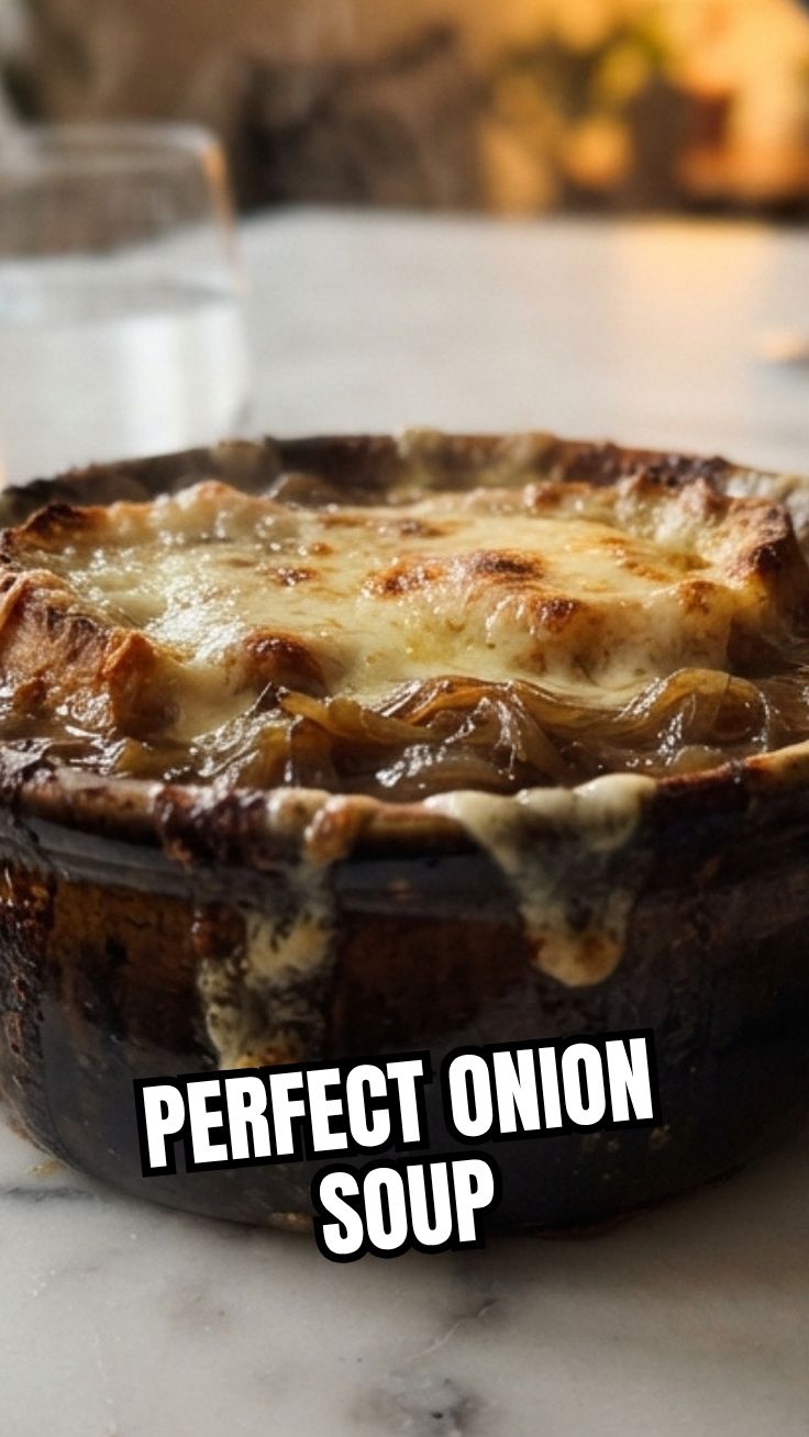 A bowl of traditional French onion soup with melted cheese on top